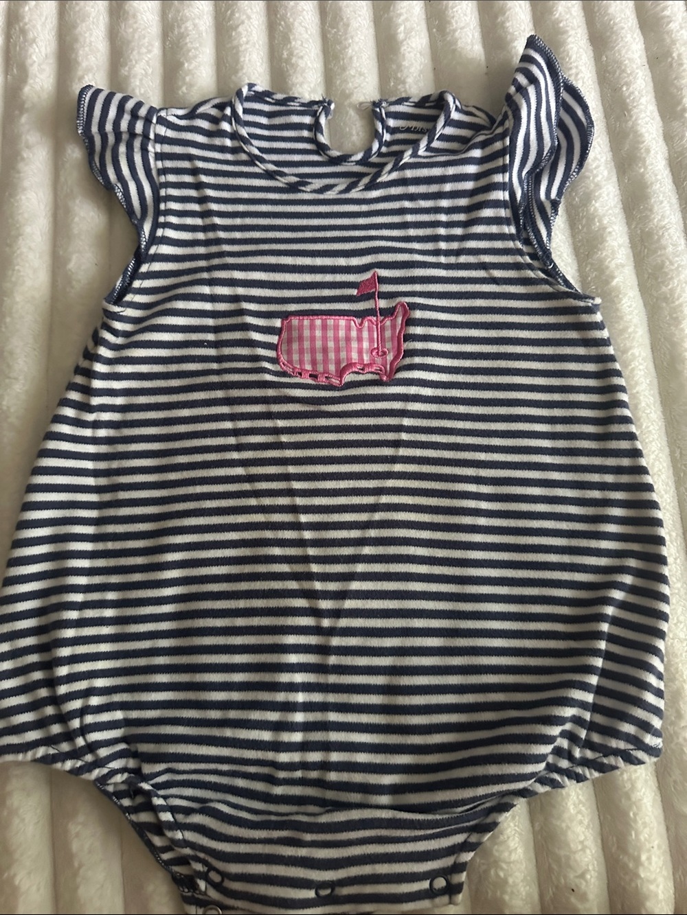 Masters Navy & White Striped Tank-Style Baby Romper with Pink Whale Patch